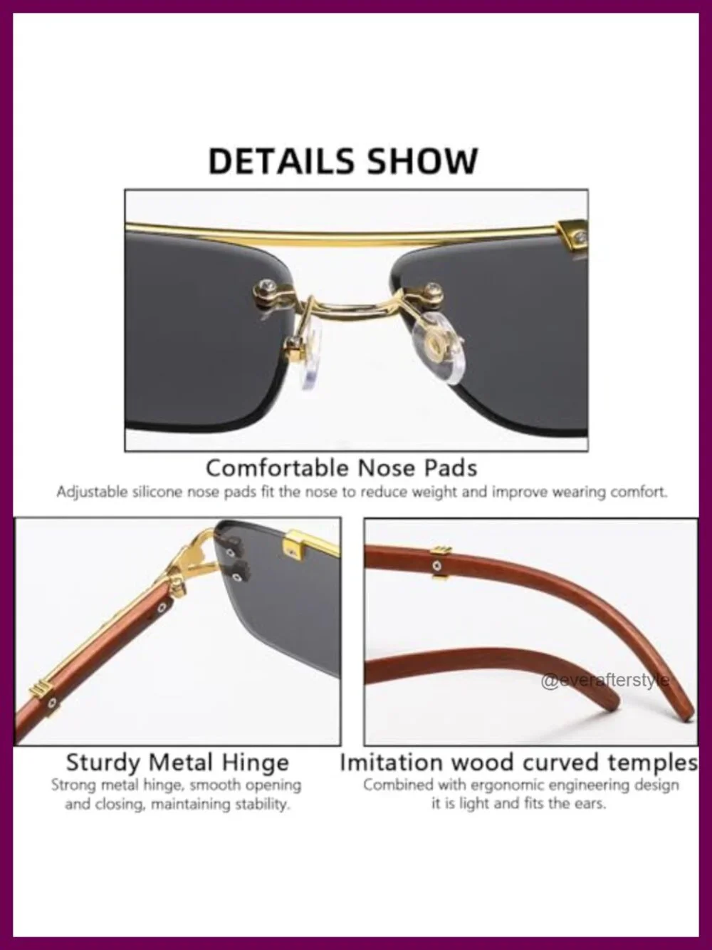 Oversized Rimless Square Sunglasses Retro Imitation Wooden Frame UV400